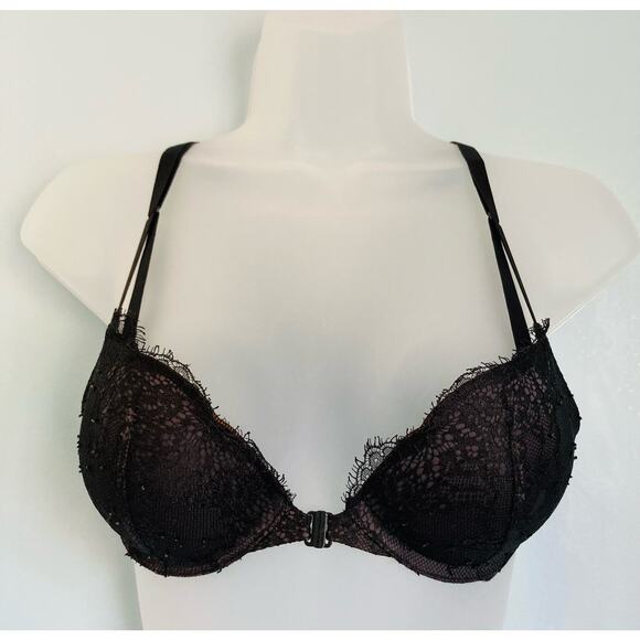 Victoria's Secret Bra Push Up 32B Black Lace Front Closure - Picture 1 of 11